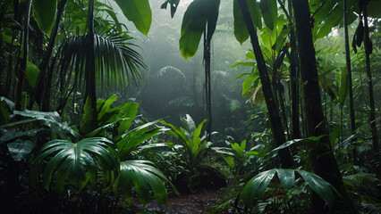 Closeup ferns with giant trees in dark tropical rain forest. Green nature background. 