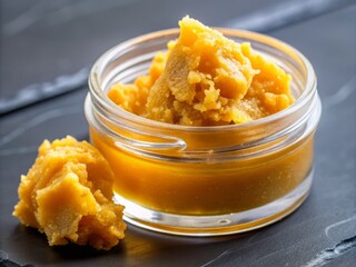 Golden-hued cannabis wax, also known as budder, is carefully extracted and displayed on a glass surface, showcasing its