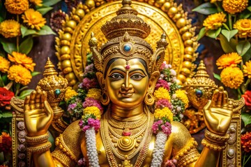 Fototapeta premium Golden-hued Hindu deity with four arms and a benevolent smile, adorned with intricate jewelry, flowers, and a lavish