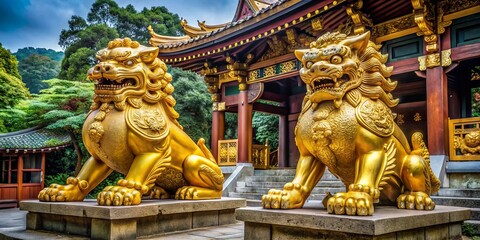 Fototapeta premium Golden Imperial Guardian dogs, komainu, stand vigilant at shrine entrance, mythical creatures with fierce expressions,