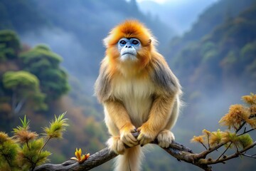 Obraz premium Golden snub-nosed monkey, a rare primate species, perches on a misty mountain branch, showcasing its distinctive fur