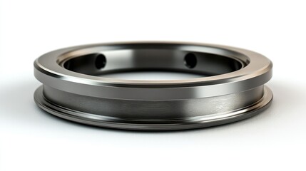 A close-up of a metal ring with two holes on the top and a beveled edge.