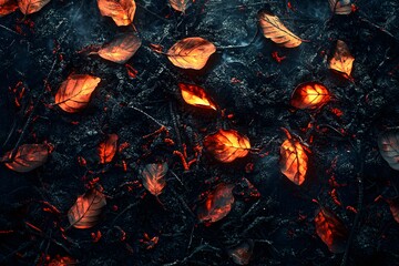 Glowing autumn leaves on charred ground: surreal nature art