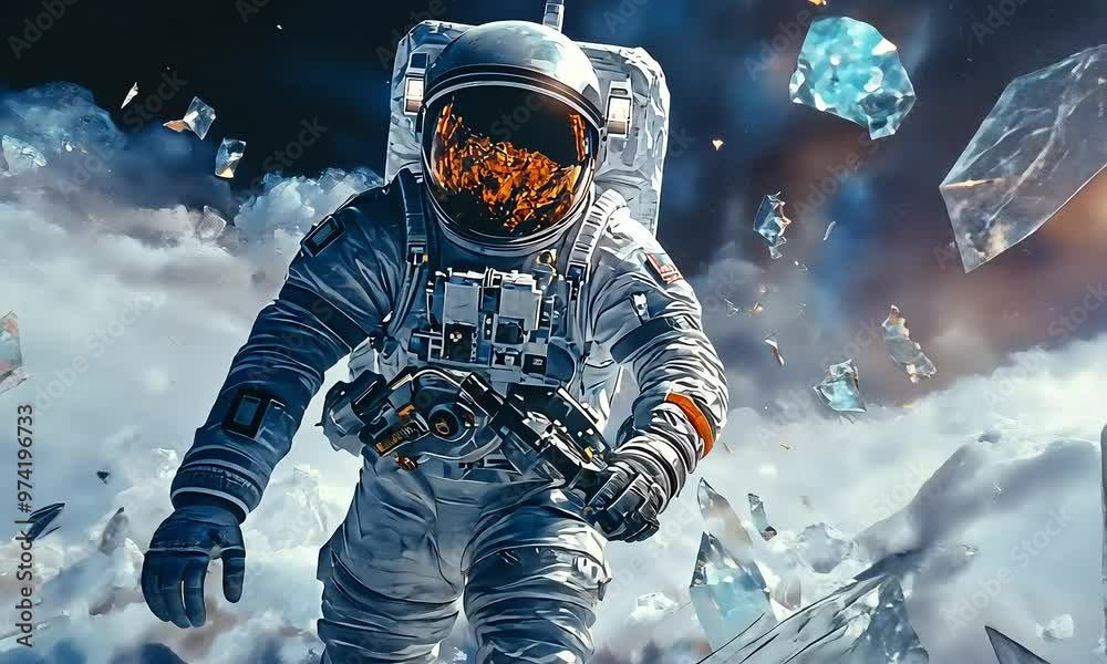 Sticker astronaut floating among crystals in space with ai generated.