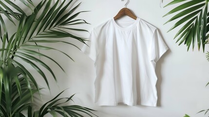 Stylish White T-Shirt Mockup on Hanger with Leaves, Flat Lay Style for Fashion Branding, Custom Apparel Design, and Trendy Product Presentation on Minimalist Background