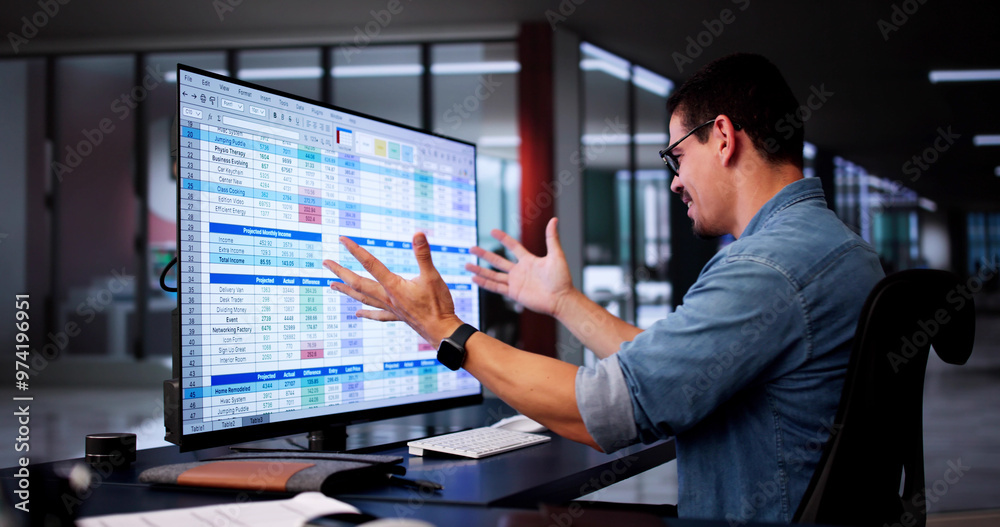 Poster frustrated employee with spreadsheet data screen