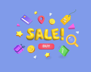 Sale banner or Promotion on blue background. Online shopping store with gift box, credit cards sale 3d cartoon letters, sale bag and shop elements. Vector illustration.
