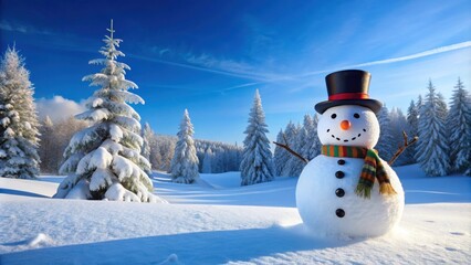 Obraz premium Happy snowman with a carrot nose and top hat standing in a winter scenery with snow covered trees and a clear blue sky in the background