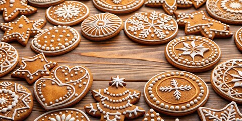 Close-up of delicious Christmas gingerbread cookies in the shape of circles