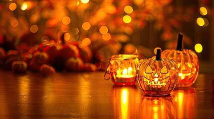 Pumpkins and candles on a wooden table