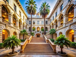 Grand staircase and ornate architecture of a historic courthouse building in downtown Los Angeles, with a picturesque