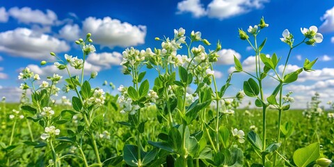 Green lentil plants with delicate white flowers and petite pods grow in a lush, verdant field under a