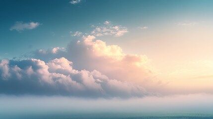 Obraz premium Soft, fluffy clouds drift across a pastel sky at sunrise.