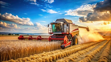 Obraz premium Combine harvester in action harvesting ripe wheat crop in the field