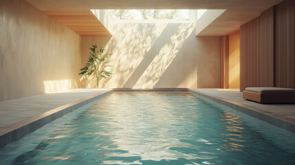 Minimal contemporary luxury abstract gentle light beige interior room spa with reflection of light and blue swimming pool. AI generated.
