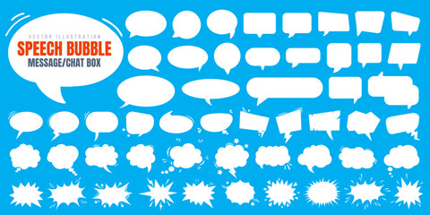 White speech bubble, empty chat box, doodle cartoon style text sticker, social media message balloon, comic dialogue frame and communication technology symbol silhouette collection. Quote or idea box.