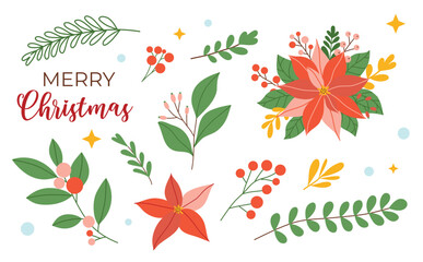 Christmas decoration elements set, berries, flowers, leaves, stars, isolated on white background. Vector illustration, flat style