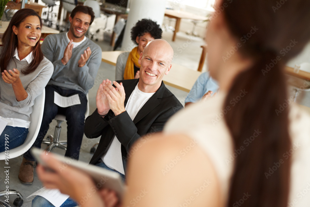 Poster speaker, audience or happy people clapping in presentation, teaching or designers workshop in startu