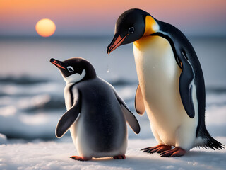 Obraz premium Penguins Adelie walking together on the snow. Beautiful Photography. Generative AI.