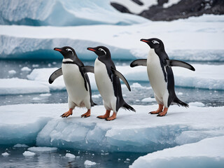 Fototapeta premium Penguins Adelie walking together on the snow. Beautiful Photography. Generative AI.