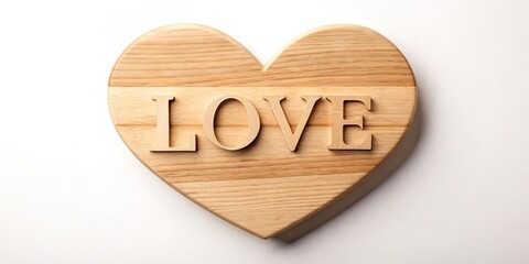 A whimsical, wooden heart-shaped design features serif font lettering in flowing script, saying "Love" with gentle