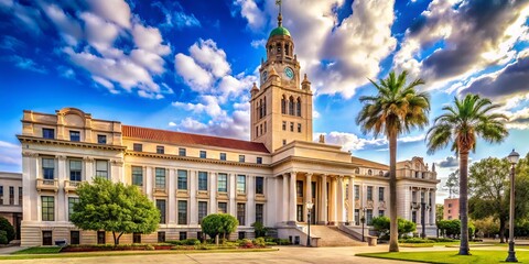 Naklejka premium Historic architectural landmark with copper-domed clock tower and neoclassical façade stands majestically amidst lush