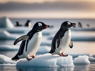 Fototapeta premium Penguins Adelie walking together on the snow. Beautiful Photography. Generative AI.