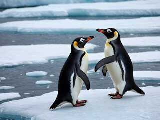 Penguins Adelie walking together on the snow. Beautiful Photography. Generative AI.