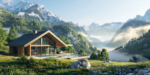Naklejka premium Modern architectural design of a cozy cottage surrounded by the breathtaking Alps