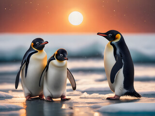 Obraz premium Penguins Adelie walking together on the snow. Beautiful Photography. Generative AI.