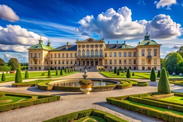 Naklejka premium Historic grandeur abounds in this regal Swedish palace, adorned with ornate golden details, imposing stone columns, and
