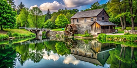 Historic gristmill stands proudly beside a serene pond, surrounded by lush greenery and rustic wooden bridges, evoking