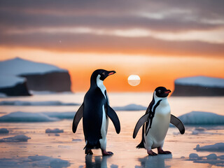 Obraz premium Penguins Adelie walking together on the snow. Beautiful Photography. Generative AI.