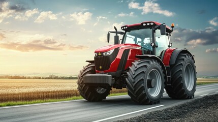 Obraz premium A red tractor drives down a paved road past a field of crops with the setting sun behind it.