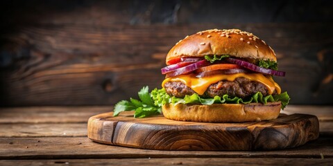 Gourmet Casanova burger served on a rustic cutting board