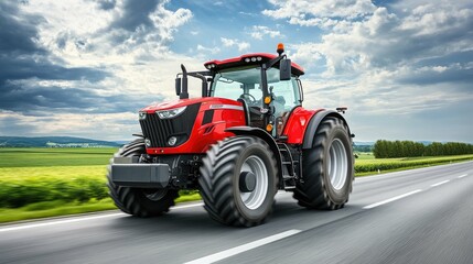 A red tractor drives down a rural road on a sunny day.