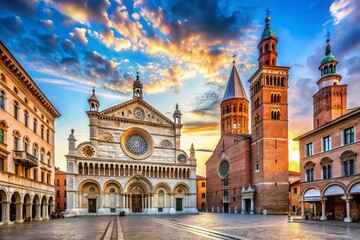 Obraz premium Historic marble baptistery and imposing Duomo di Cremona cathedral tower above picturesque cobblestone streets and