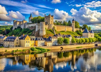 Obraz premium Historic medieval French town of Chinon's picturesque castle and River Vienne waterfront, with rustic stone buildings