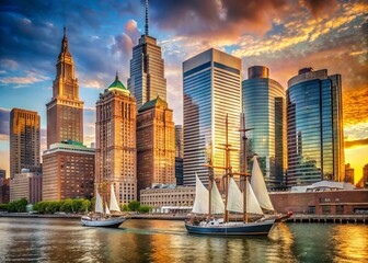 Historic sailing ships and renovated 19th-century buildings line the bustling waterfront at sunset, surrounded by