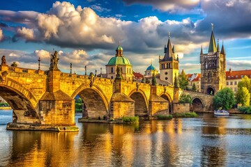 Fototapeta premium Historic stone arches stretch across the Vltava River, lined with ornate statues, in the iconic medieval bridge of