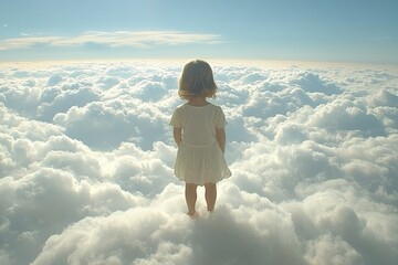 A little girl standing on a cloud, looking towards a bright horizon, evoking a sense of wonder and fantasy.