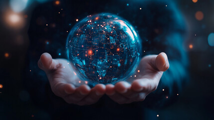 Hands holding a glowing globe depicting a digital world with intricate connections and illuminated points during a nighttime setting