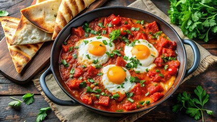 A delicious plate of shakshuka served with fresh pita bread and creamy hummus