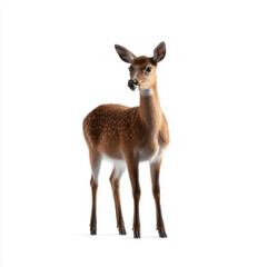 Fototapeta premium A young deer stands alert, facing forward on a white background, highlighting its delicate and natural features.