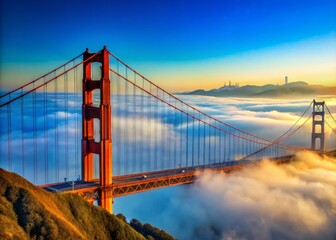 Iconic golden gate bridge silhouette against a vibrant blue sky with fog rolling in, showcasing the iconic symbol