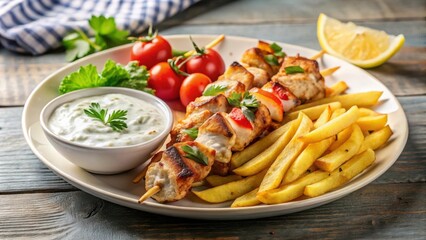 Traditional Greek dish of chicken souvlaki served with golden french fries and creamy tzatziki sauce