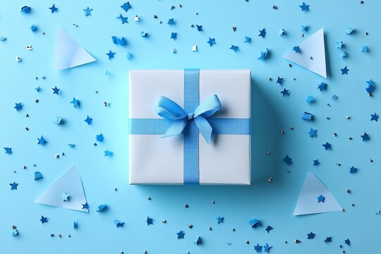 Close-up of a teal and white polka dot gift box, beautifully wrapped, with a decorative ribbon, placed outdoors with bunting in the background.