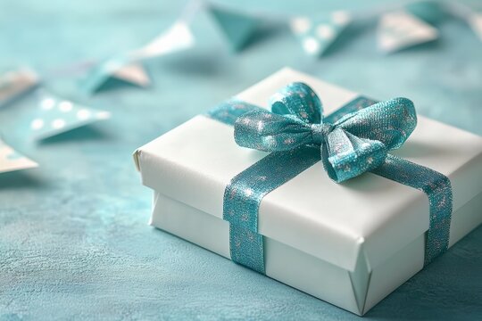 Close-up of a teal and white polka dot gift box, beautifully wrapped, with a decorative ribbon, placed outdoors with bunting in the background.