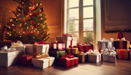 Obraz premium many bright gifts under the Christmas tree decorated with garland and toys, the concept of the Christmas and New Year holiday.