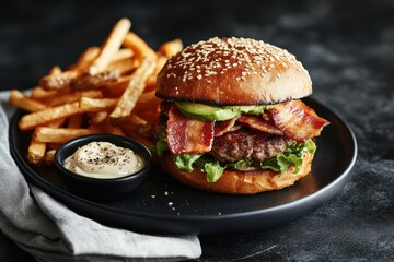 A delicious burger with bacon, lettuce, and pickles served with fries and dipping sauce.